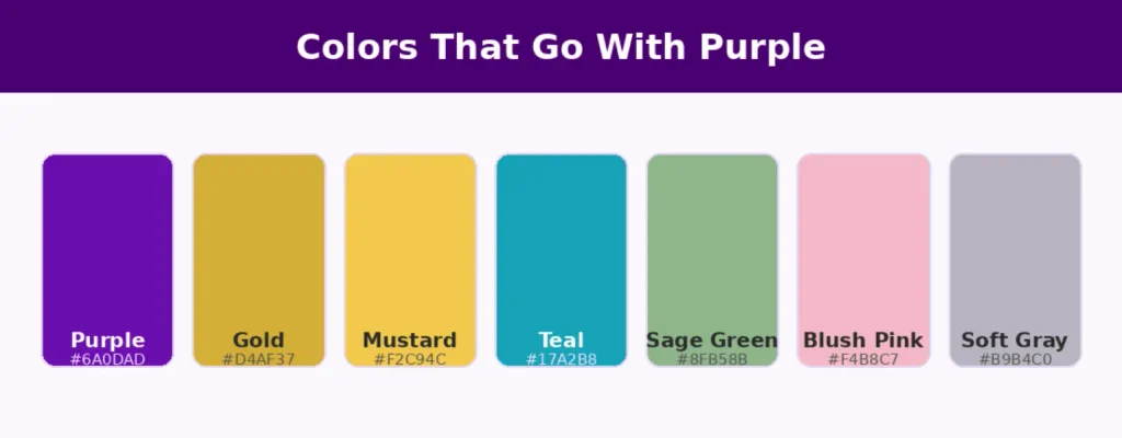 Purple palette paired with gold, teal, green and neutral colors