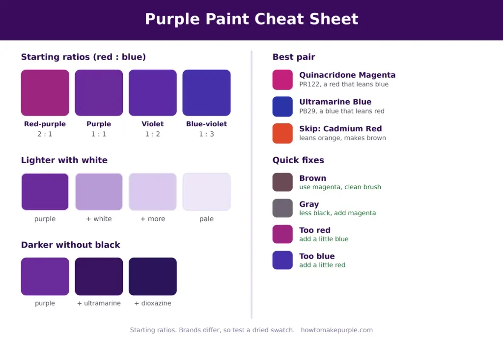 Purple mixing chart with ratios, white tints, best paint pairs and quick fixes