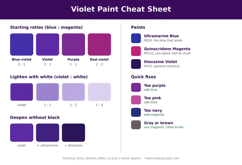 Violet mixing chart with ratios, white tints, paints and quick fixes
